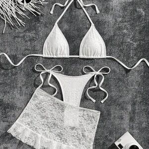 White Lace Tie Bikini Set with Sheer Skirt